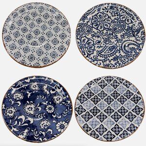 4 MELAMINE Salad Plate Set Blue White Medallion Jacobean Floral Rustic Summer 9"